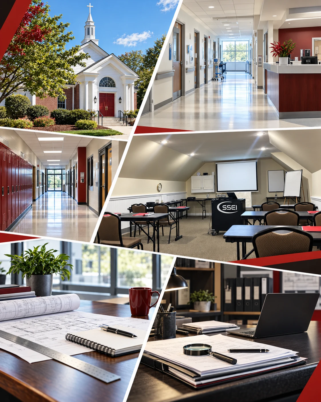 Concept collage of church, healthcare and school settings, an edited SSEI training-room photo, consulting plans and investigation materials; no people shown